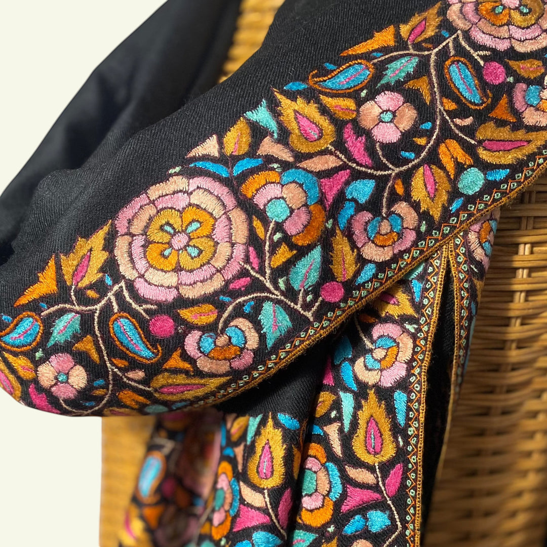 KAYA Kashmiri Pashmina – Detail of Traditional Papier Mâché Border Embroidery on Black Pure Cashmere Shawl | Indus Weavers