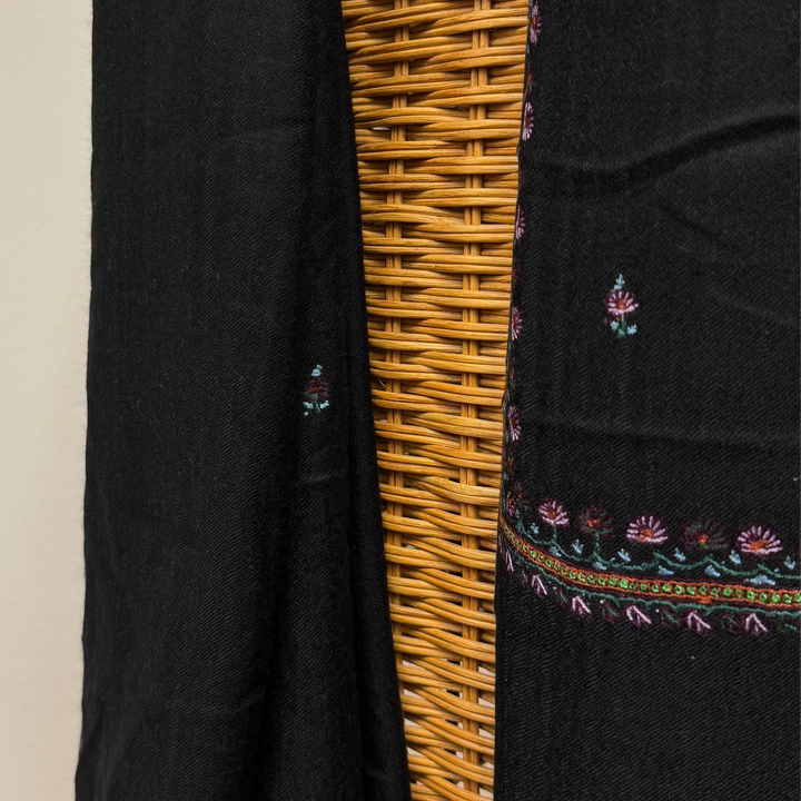 Hand embroidered cashmere wrap black pashmina shawl side look