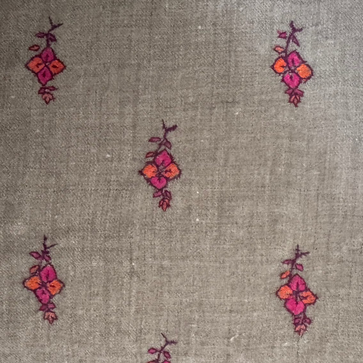 Undyed Pure pashmina pocket square with pink floral embroidered 