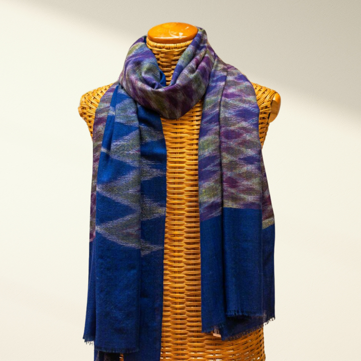 Ikat Pashmina Shawl on a mannequin with a white background