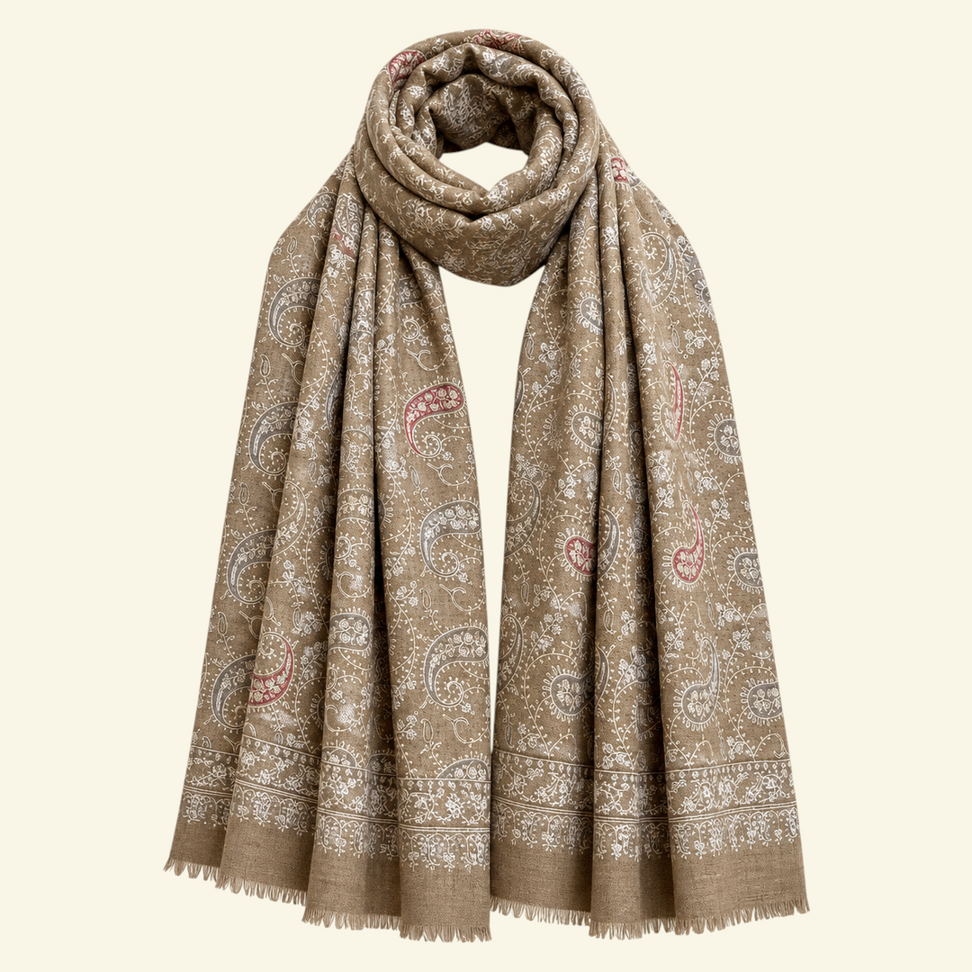 JALORA Pure Pashmina Shawl – Draped Lifestyle View Showing Semi-Jamawar Sozni Embroidery Pattern | Indus Weavers