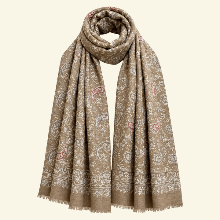 JALORA Pure Pashmina Shawl – Draped Lifestyle View Showing Semi-Jamawar Sozni Embroidery Pattern | Indus Weavers