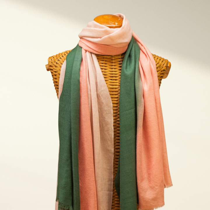 Mannequin wearing a multicolored ombre pashmina scarf with a plain background