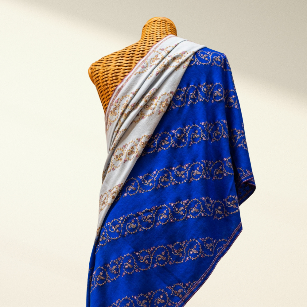 Ombre Pashmina Shawl with sozni embroidery draped over a mannequin on a plain background