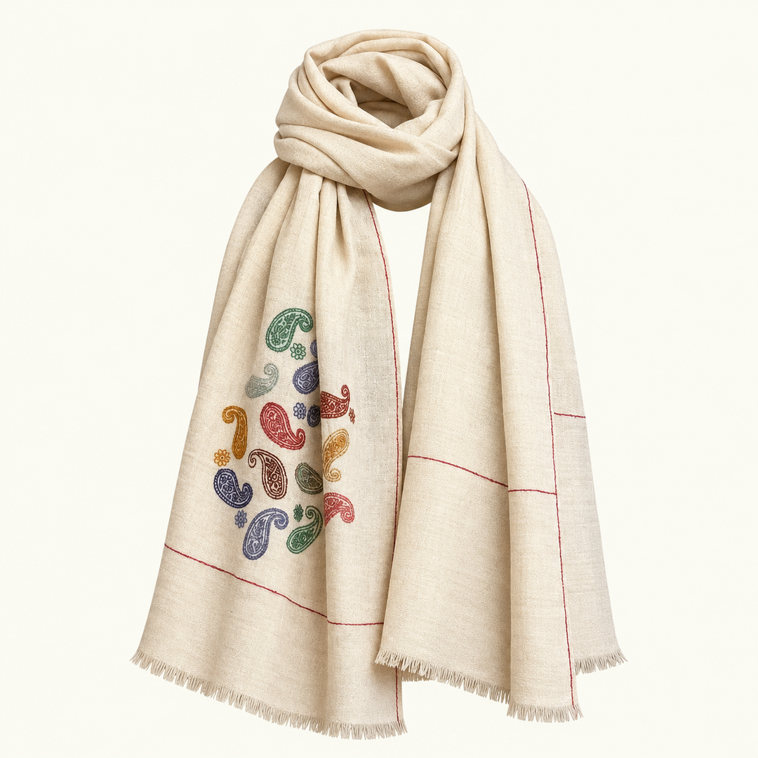 PAISLEY Kashmiri Pashmina Shawl – Full View Ivory Cashmere Wrap with Sozni Paisley Embroidery on All Four Corners | Indus Weavers