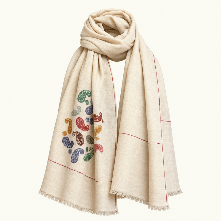 PAISLEY Kashmiri Pashmina Shawl – Full View Ivory Cashmere Wrap with Sozni Paisley Embroidery on All Four Corners | Indus Weavers