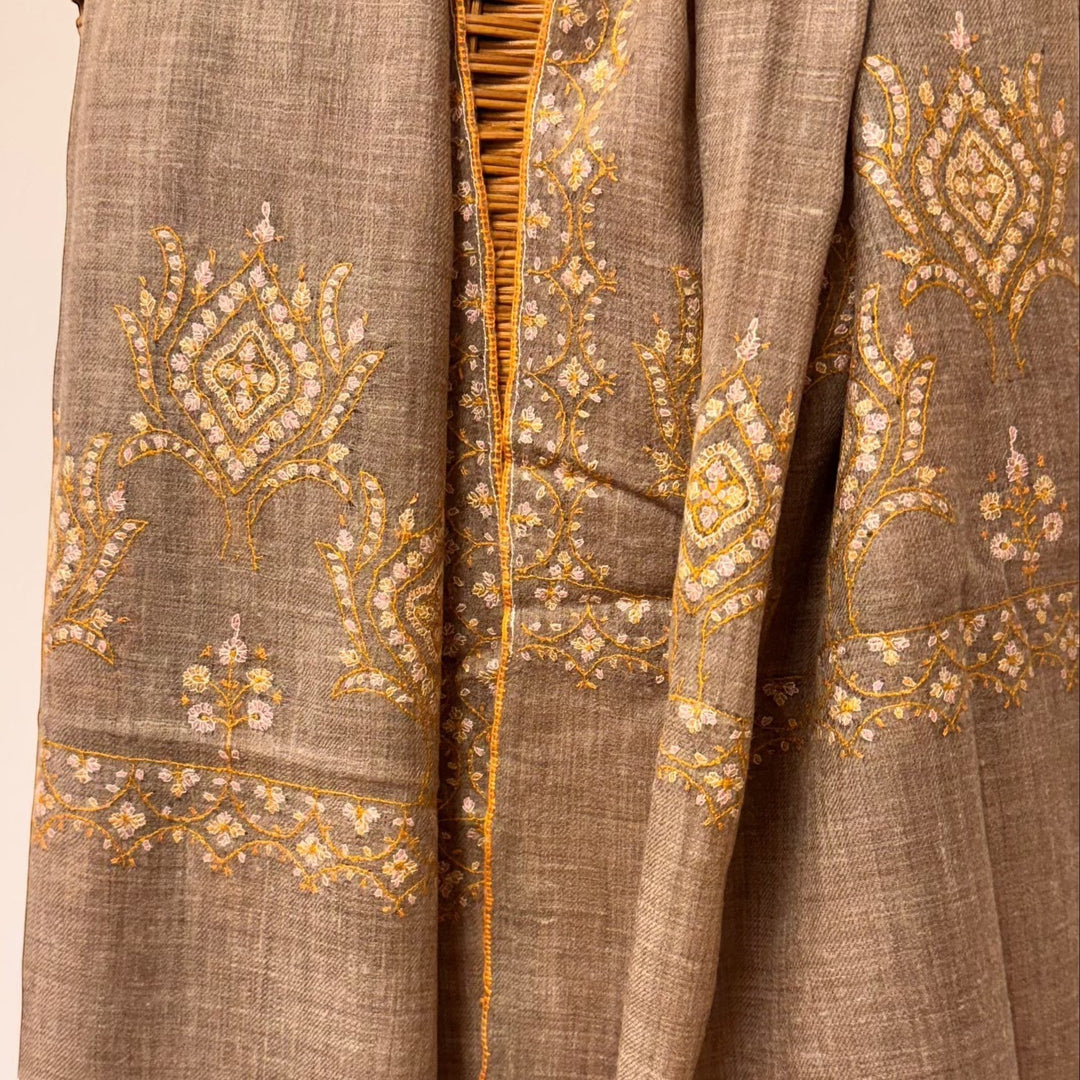SANA Pure Cashmere Scarf – Draped Lifestyle View of Natural Undyed Taupe Pashmina Shawl | Indus Weavers