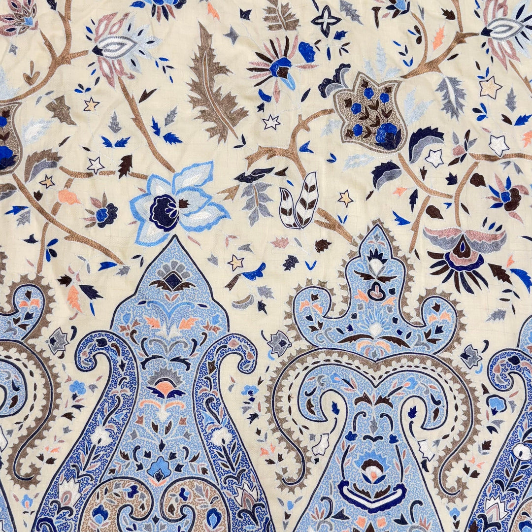 Pashmina Shawl Boteh with blue and beige elements on a textured background