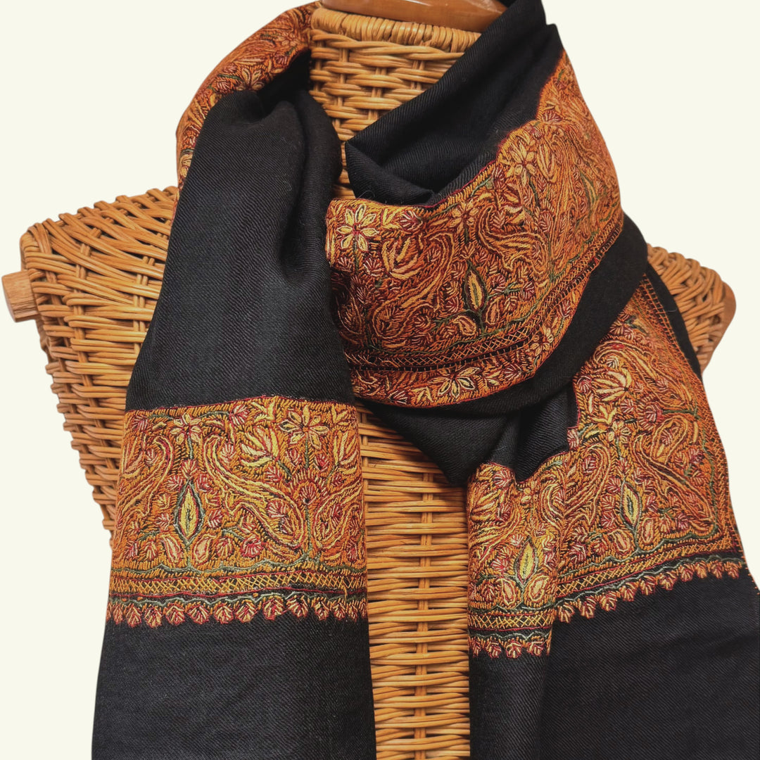HAZEL Kashmiri Cashmere Wrap – Draped View of Black 108x214cm Pashmina with Sozni Embroidered Border | Indus Weavers