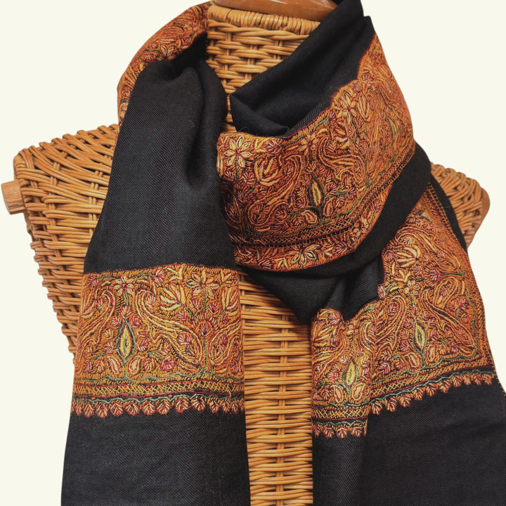 HAZEL Kashmiri Cashmere Wrap – Draped View of Black 108x214cm Pashmina with Sozni Embroidered Border | Indus Weavers