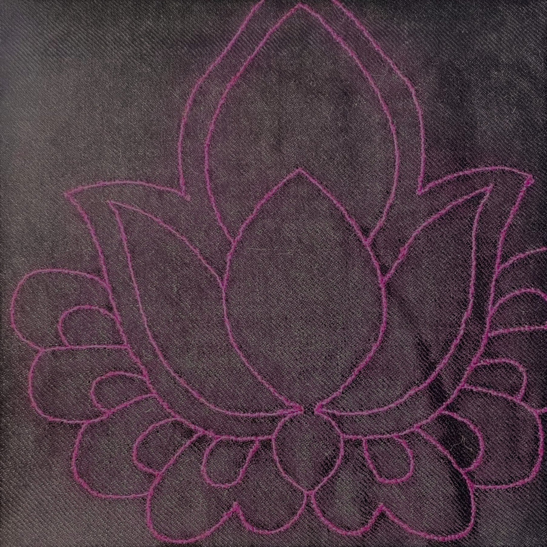 KAMAL Kashmiri Pashmina – Close-Up of Hand-Embroidered Lotus Motif Detail on Indigo Pure Cashmere Scarf | Indus Weavers