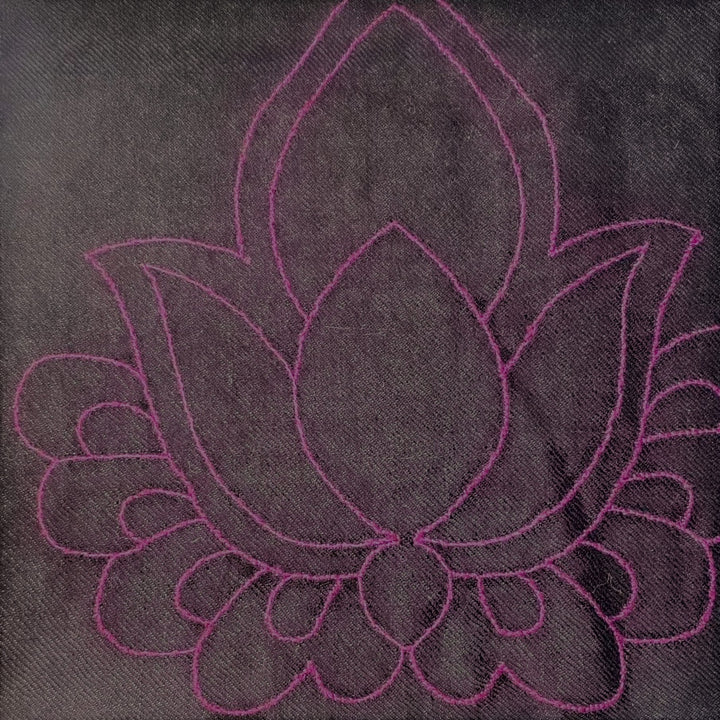 KAMAL Kashmiri Pashmina – Close-Up of Hand-Embroidered Lotus Motif Detail on Indigo Pure Cashmere Scarf | Indus Weavers