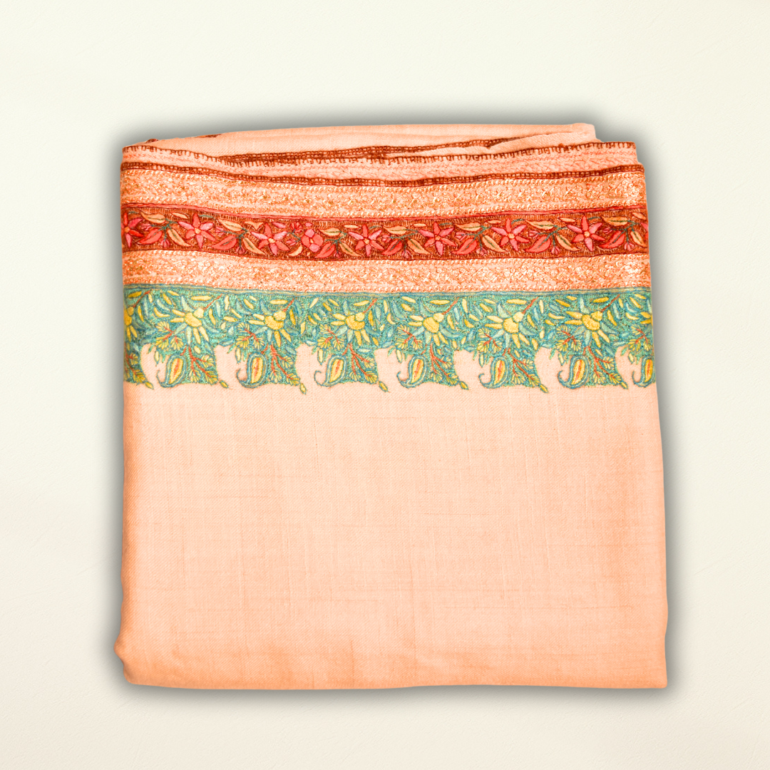 Pashmina Shawl Sona with colorful patterns on a beige background