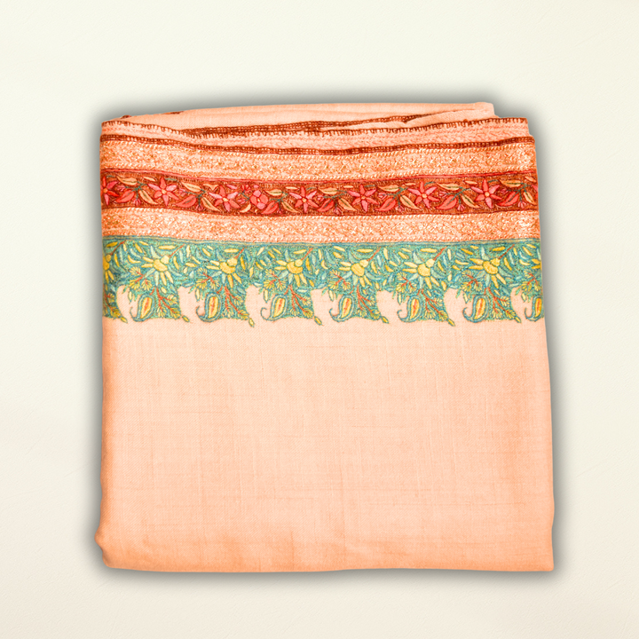 Pashmina Shawl Sona with colorful patterns on a beige background