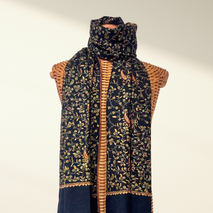 Pashmina shawl with floral pattern and woven texture on a neutral background