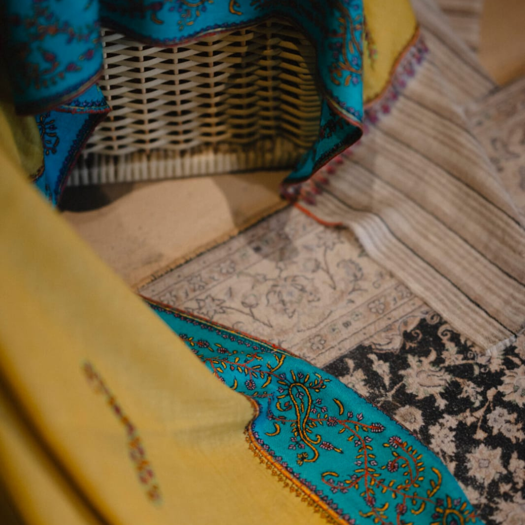 Closeup of Pashmina Shawl with a blue border