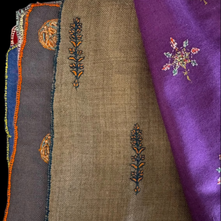 Pure pashmina hand embroidered pocket squares Pink Beige Grey Flat lay