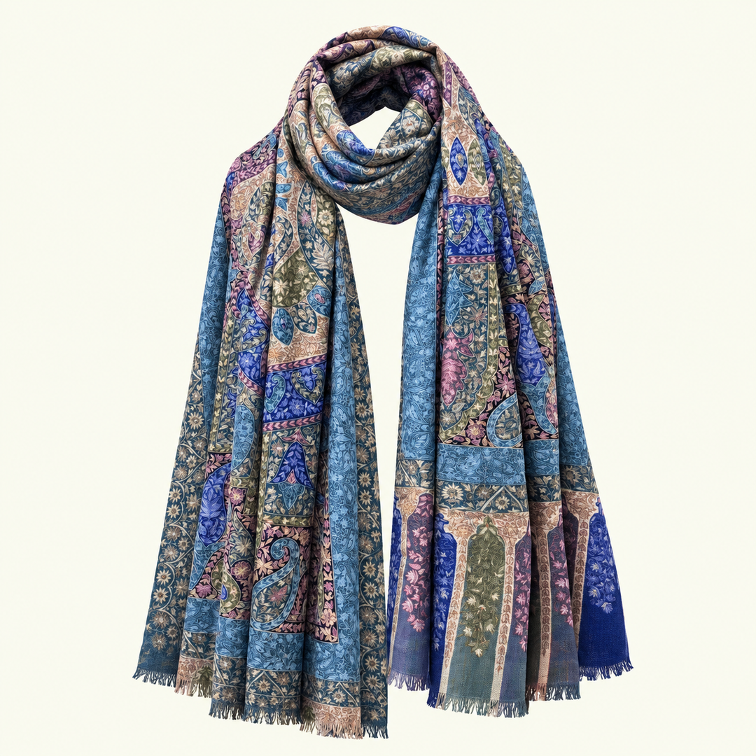 Deeply intricate detailing in multicolor form on a handwoven pashmina shawl.