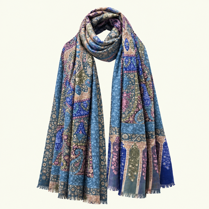 Deeply intricate detailing in multicolor form on a handwoven pashmina shawl.