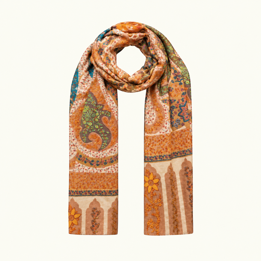 Handcrafted Pashmina shawl featuring intricate multicoloured Kalamkari-inspired floral and paisley motifs in warm beige, rust, orange, green and teal tones, displayed in a clean draped cutout style.