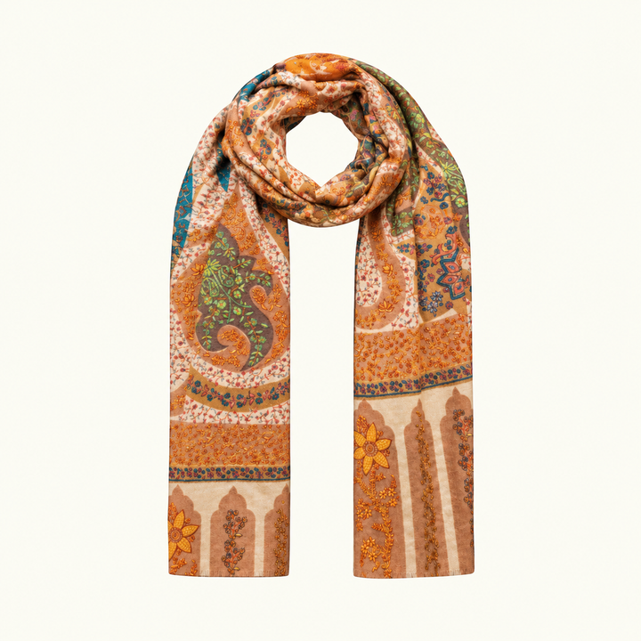 Handcrafted Pashmina shawl featuring intricate multicoloured Kalamkari-inspired floral and paisley motifs in warm beige, rust, orange, green and teal tones, displayed in a clean draped cutout style.