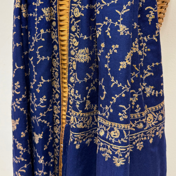 Royal blue Pashmina shawl with intricate hand-embroidered Sozni floral jaal design.