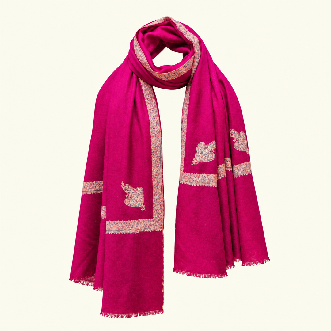 rosy pashmina scarf with botanical embroider on the pink cashmere fabric