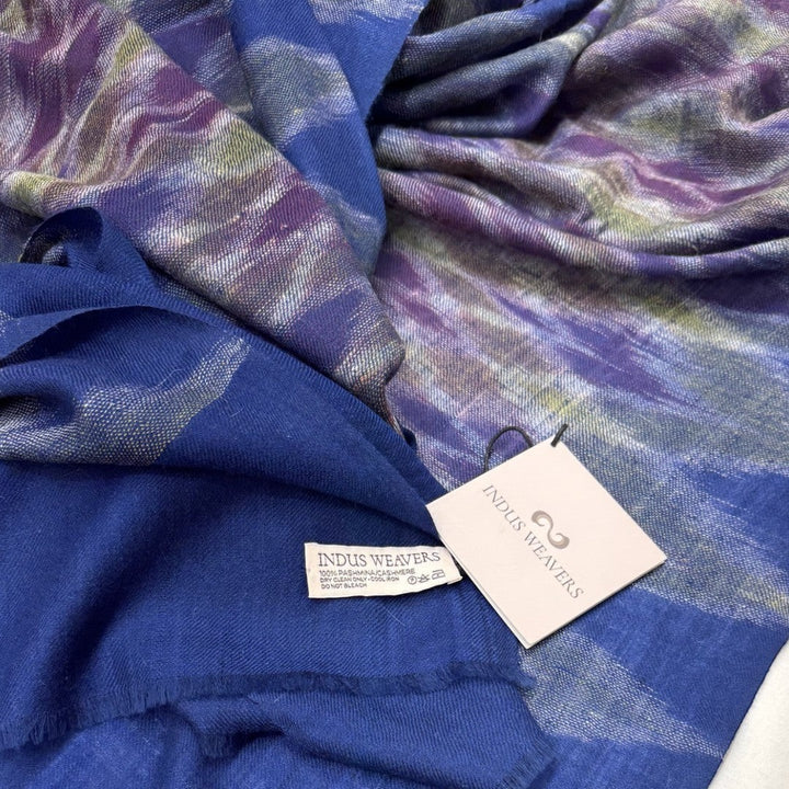 IRIS Kashmiri Ikat Pashmina Shawl – Flat Lay Showing Full Blue Ikat Handwoven Cashmere Wrap | Indus Weavers