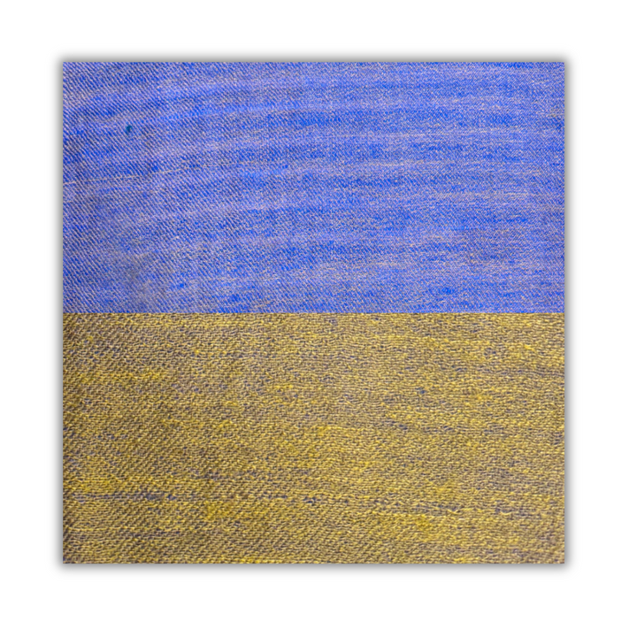 Two-tone fabric swatch with blue and yellow on a white background