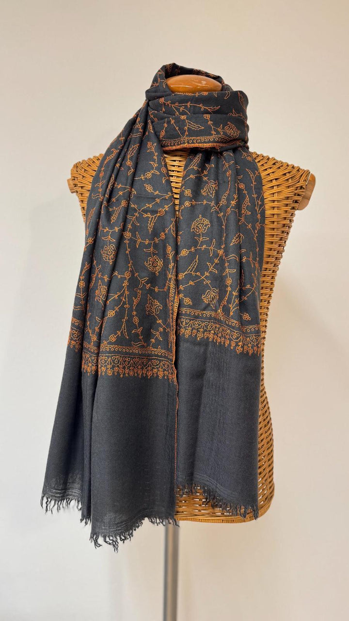 Charcoal Pashmina Shawl | Floral Sozni Embroidery