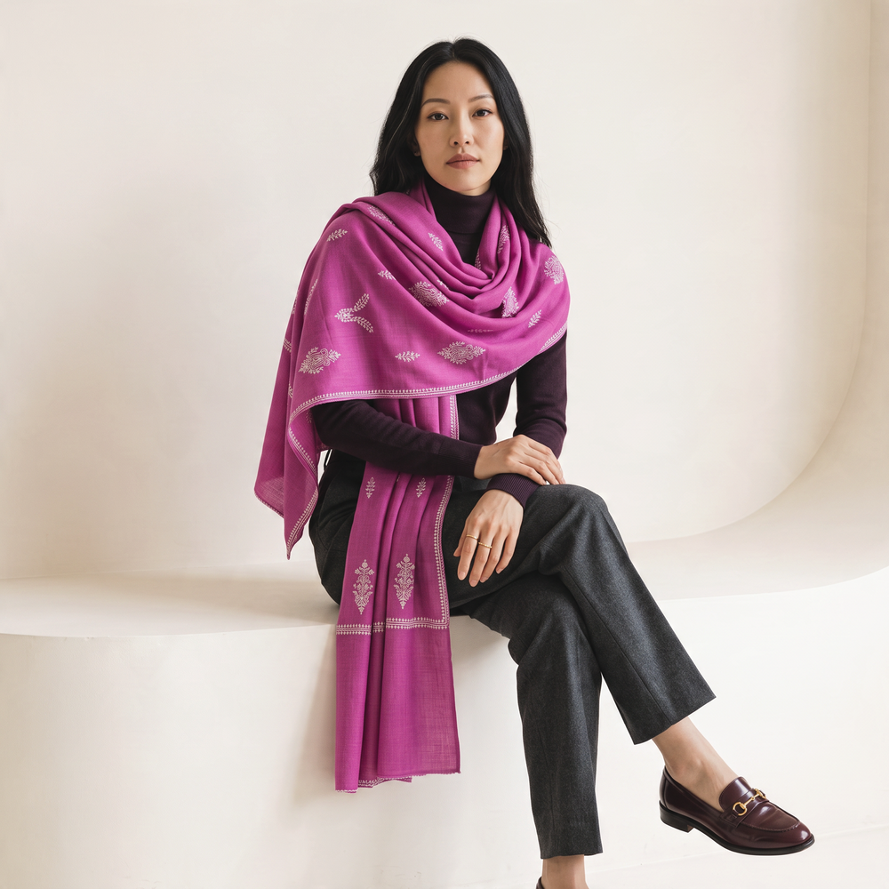 Model wearing an Indus Weavers dark pink hand-embroidered Pashmina shawl draped elegantly over her shoulders.