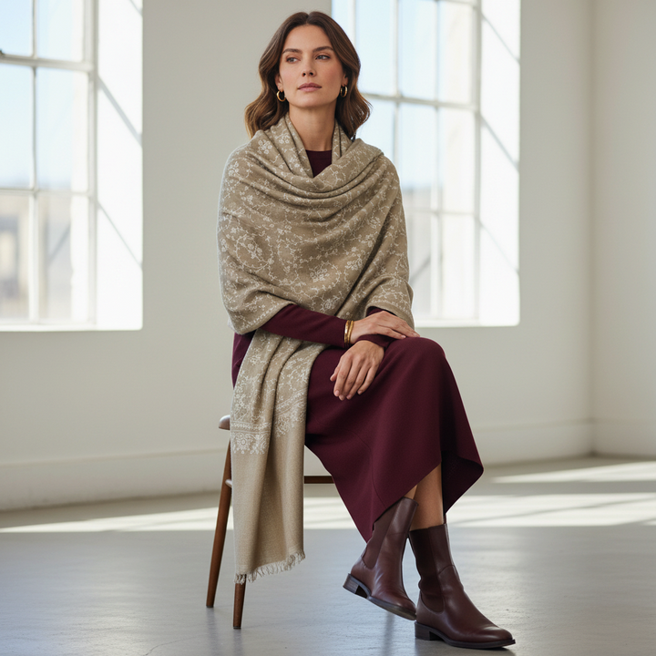 ELARA | Taupe Pashmina Shawl with Sozni Embroidery