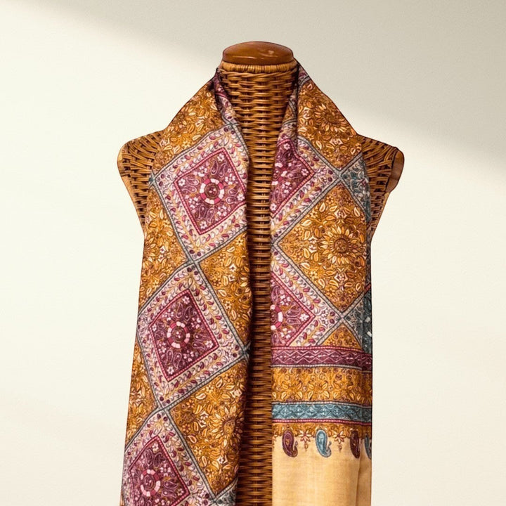 AMORE Luxury Jamawar Pashmina Shawl – Draped View Showing Full 200x100cm Cashmere Wrap with Orange & Blue Embroidery | Indus Weavers