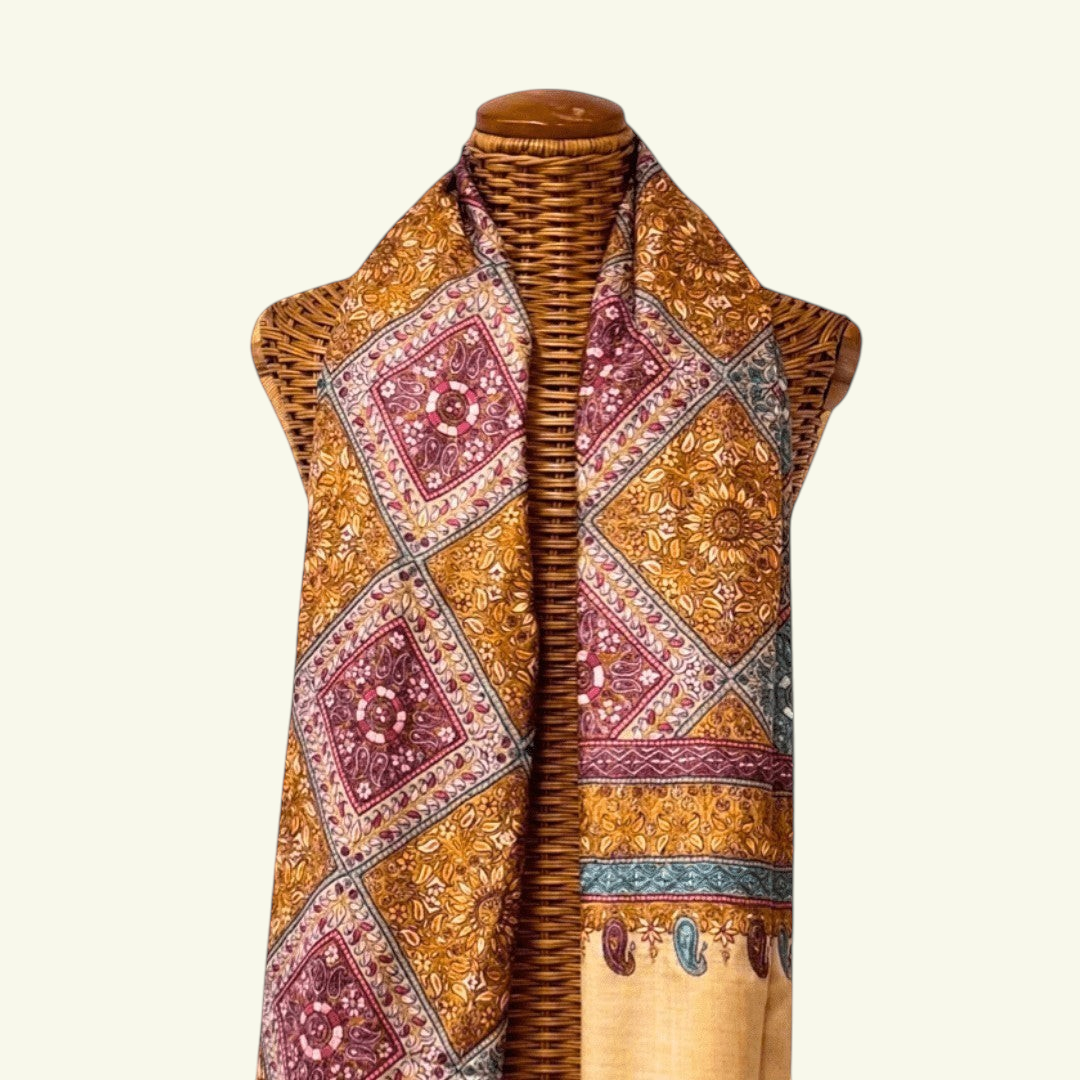AMORE Luxury Jamawar Pashmina Shawl – Draped View Showing Full 200x100cm Cashmere Wrap with Orange & Blue Embroidery | Indus Weavers