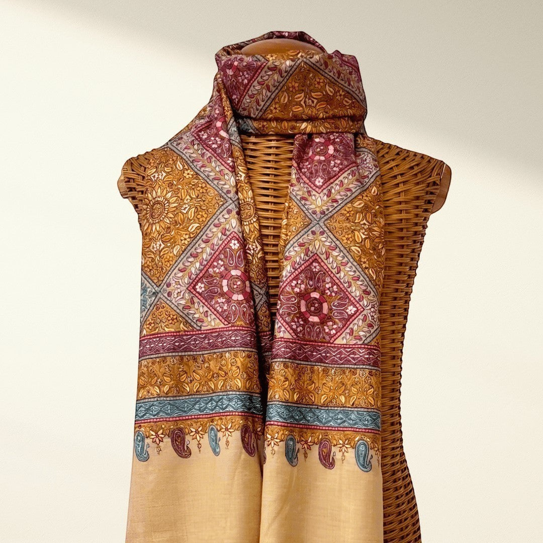 AMORE Kashmiri Jamawar Pashmina Shawl – Full View Orange Beige & Blue Hand Embroidered Cashmere Wrap | Indus Weavers