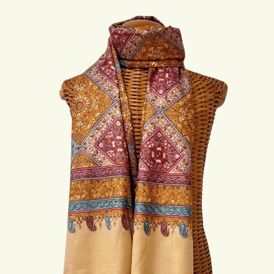AMORE Kashmiri Jamawar Pashmina Shawl – Full View Orange Beige & Blue Hand Embroidered Cashmere Wrap | Indus Weavers