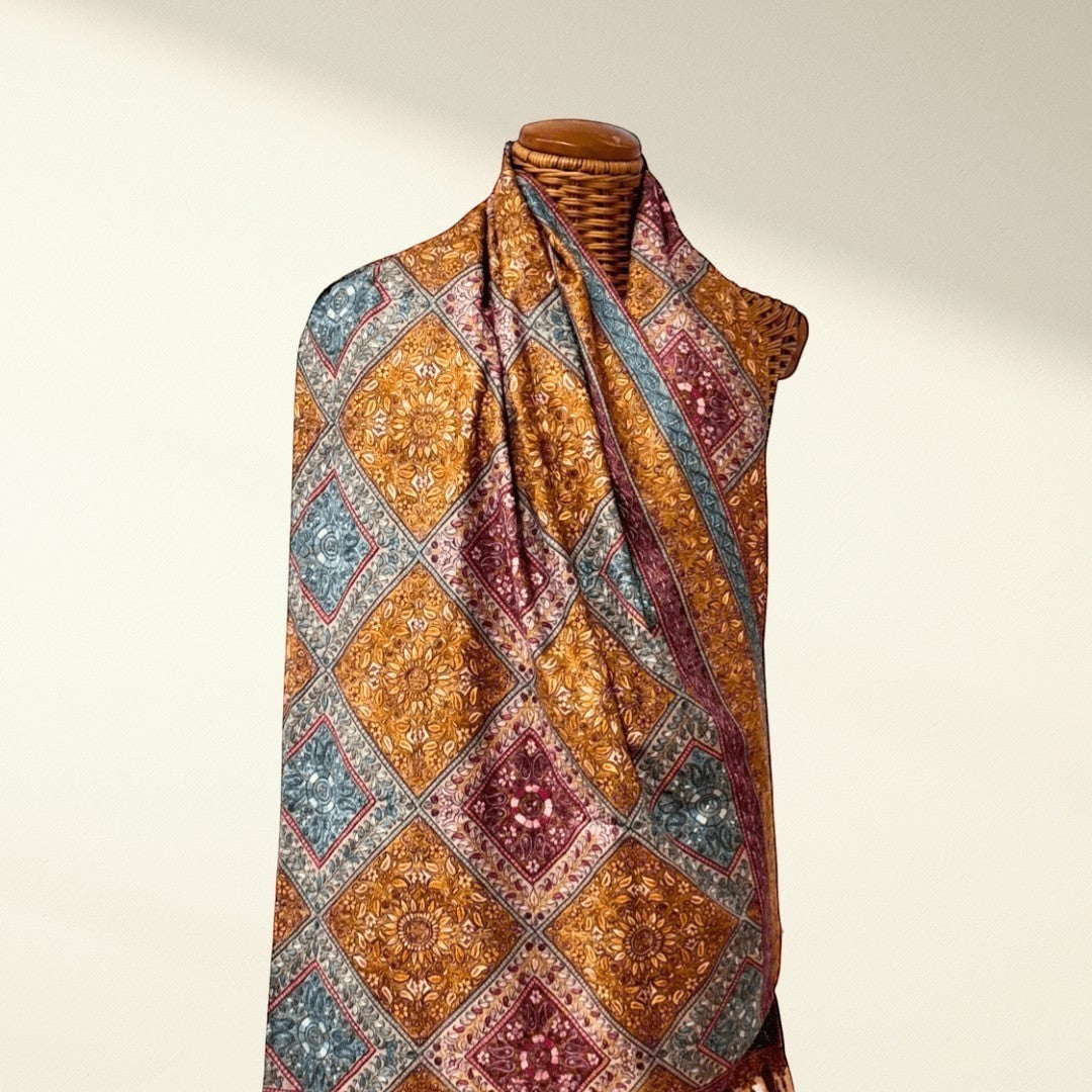 AMORE Heirloom Jamawar Pashmina Shawl – Full Expanse Showing Orange Beige Blue Jamawar Embroidery Field | Indus Weavers