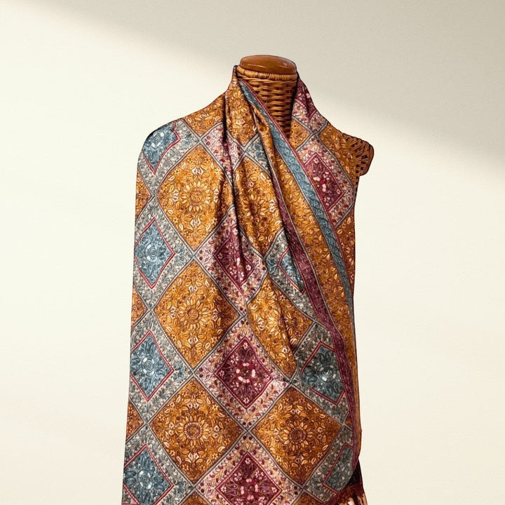 AMORE Heirloom Jamawar Pashmina Shawl – Full Expanse Showing Orange Beige Blue Jamawar Embroidery Field | Indus Weavers