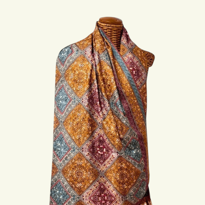 AMORE Heirloom Jamawar Pashmina Shawl – Full Expanse Showing Orange Beige Blue Jamawar Embroidery Field | Indus Weavers