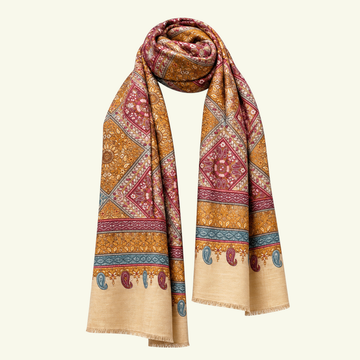A patterned scarf draped in a loop, featuring a traditional geometric and floral design in mustard yellow, terracotta red, and beige with blue accents, set against a solid off-white background.