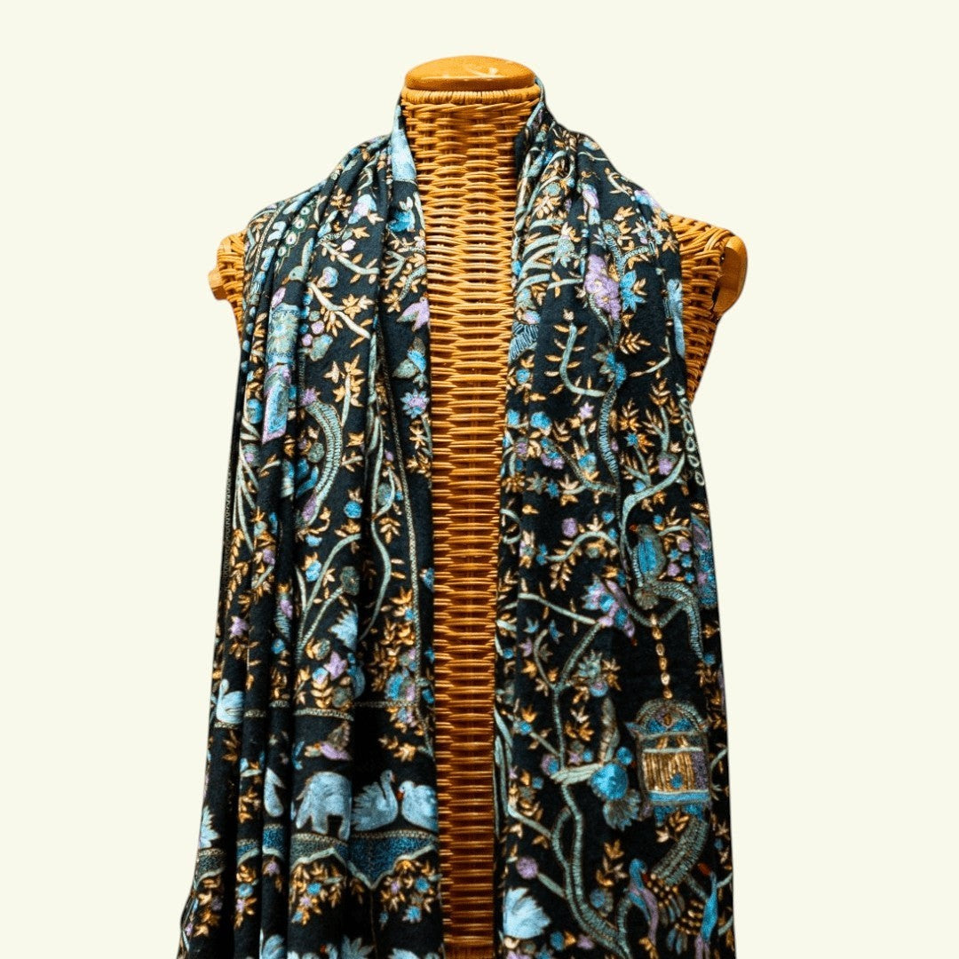 AYA Kashmiri Kalamkari Pashmina Shawl – Full View Black Cashmere Wrap with Hand Embroidered Peacock Motifs | Indus Weavers