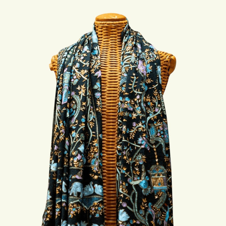 AYA Kashmiri Kalamkari Pashmina Shawl – Full View Black Cashmere Wrap with Hand Embroidered Peacock Motifs | Indus Weavers