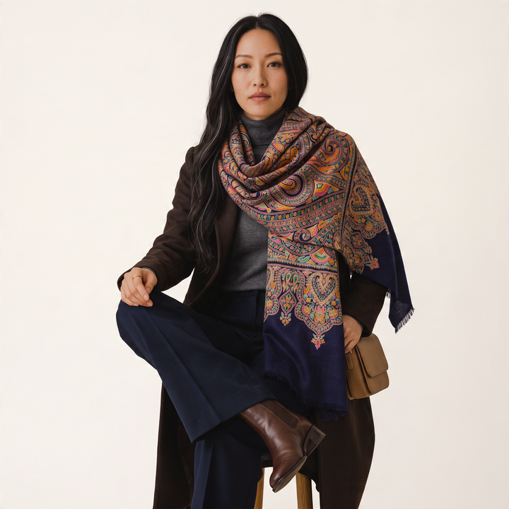 Indus Weavers navy blue Pashmina shawl with intricate multicolour floral Sozni embroidery worn by a woman