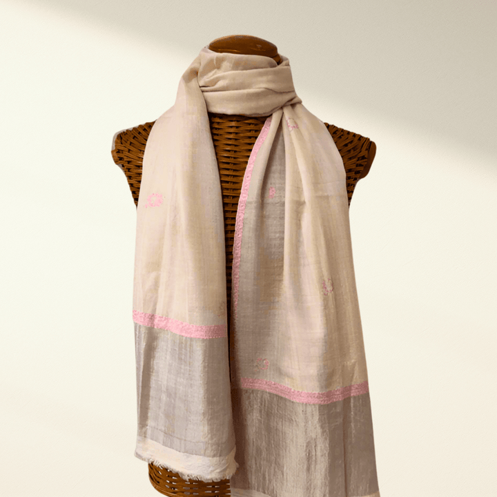 BEAU – Handwoven Pure Pashmina Scarf | Soft Pink & White Embroidered Luxury Shawl with Silver Zari - Indus Weavers