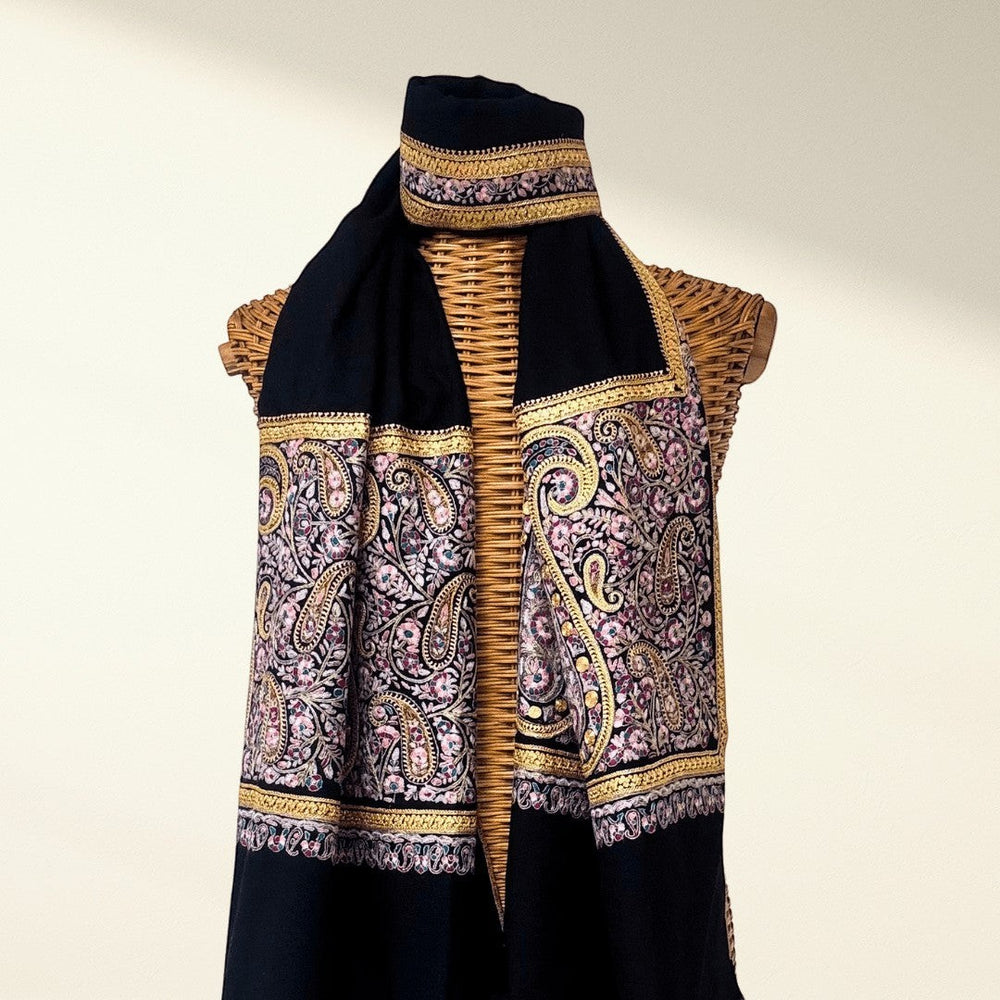 BELLA Kashmiri Pashmina Shawl – Full View Black with Gold Metallic Tilla Shimmer & Sozni Embroidery | Indus Weavers