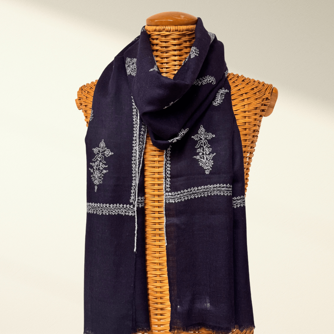 BLEU – Handwoven Kashmiri Pashmina Shawl | Pure Cashmere Luxury Scarf with Hand Embroidery - Indus Weavers