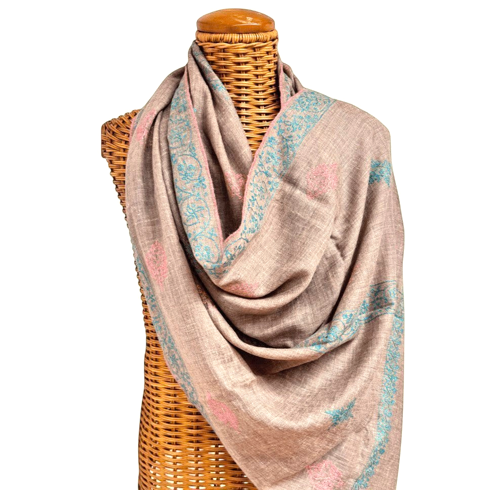BLISS Kashmiri Taupe Pashmina Shawl – Full View Natural Undyed Cashmere Wrap with Sozni Floral Corner Embroidery | Indus Weavers