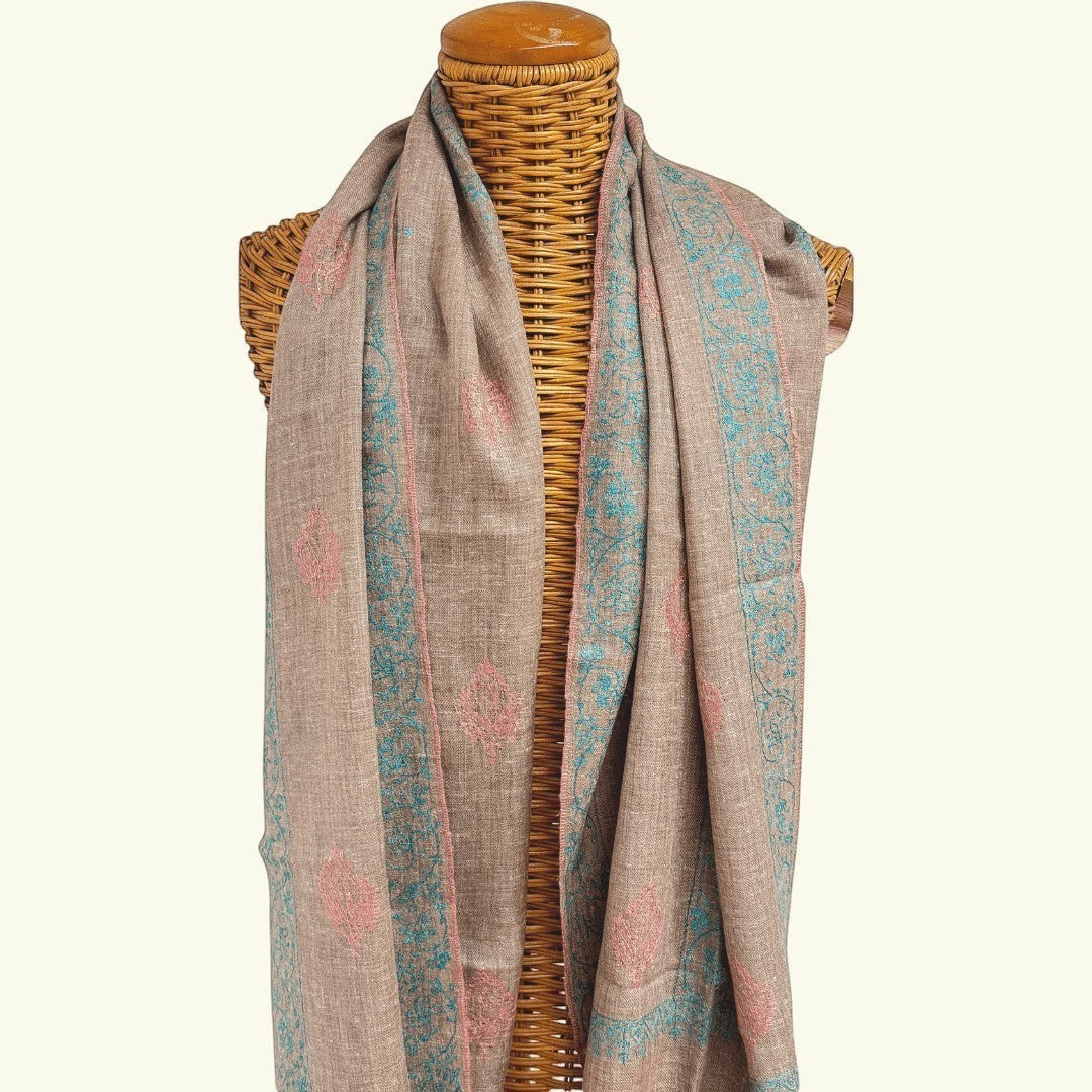 BLISS Undyed Kashmiri Cashmere Wrap – Lifestyle View of 70x190cm Natural Taupe Pashmina with Sozni Floral Embroidery | Indus Weavers