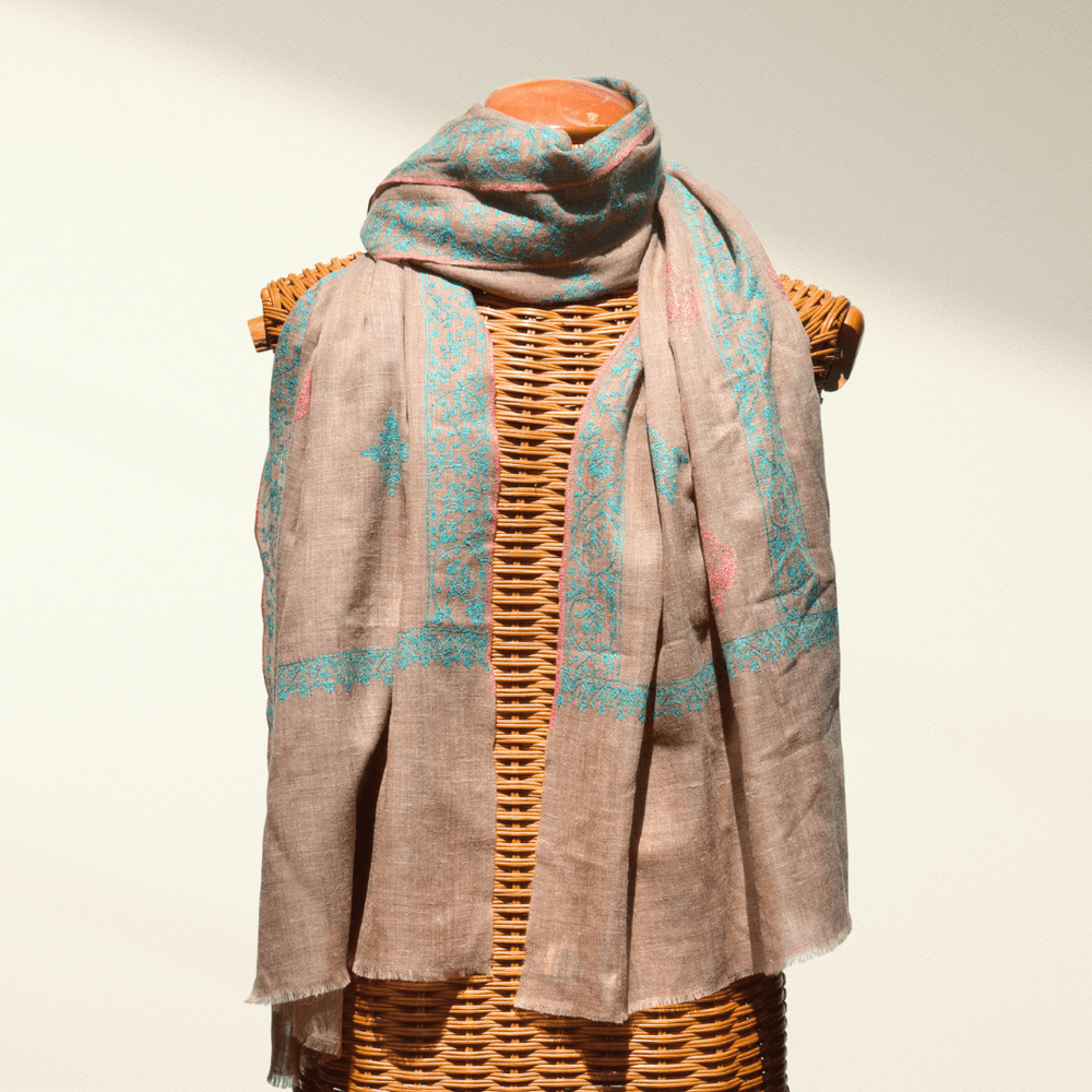 BLISS – Handwoven Pure Pashmina Shawl with Sozni Embroidery | Luxury Taupe Cashmere Wrap - Indus Weavers