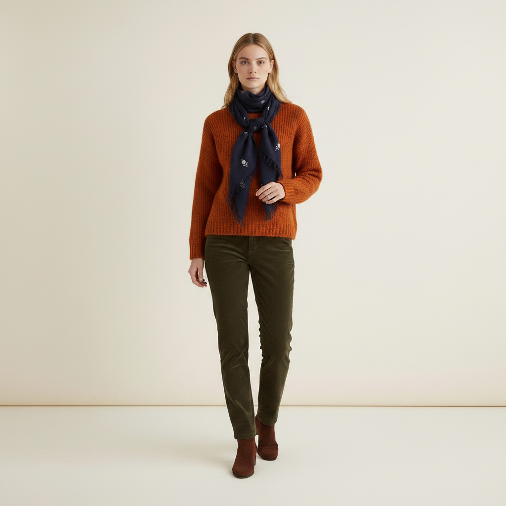 A woman stands in a studio wearing a rust-orange ribbed knit sweater, dark olive green trousers, brown ankle boots, and a indusweavers navy blue embridered scarf.